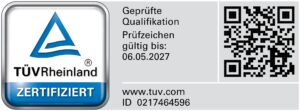 TÜV Rheinland zertifiziert – Geprüfte Qualifikation, ID 0217464596